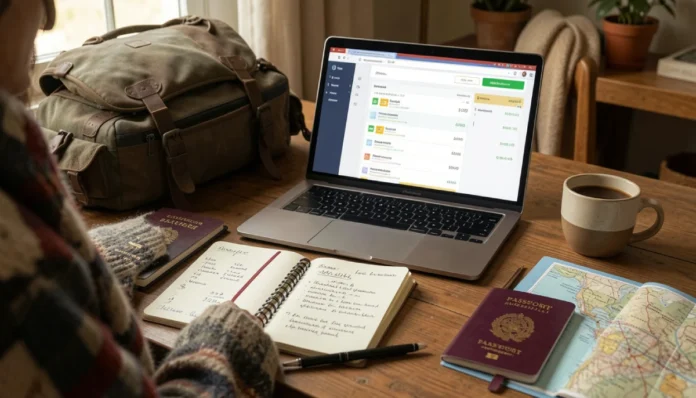 How to Create a Travel Budget That Actually Works Travel budget planning with calculator, passport, and money on world map background