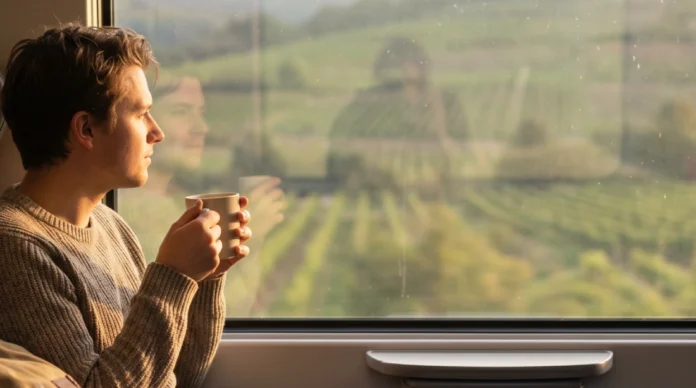 How to Travel Sustainably Without Sacrificing Comfort or Convenience Traveler enjoying scenic sunrise view from a train window in Europe, representing sustainable travel and eco-friendly transportation choices