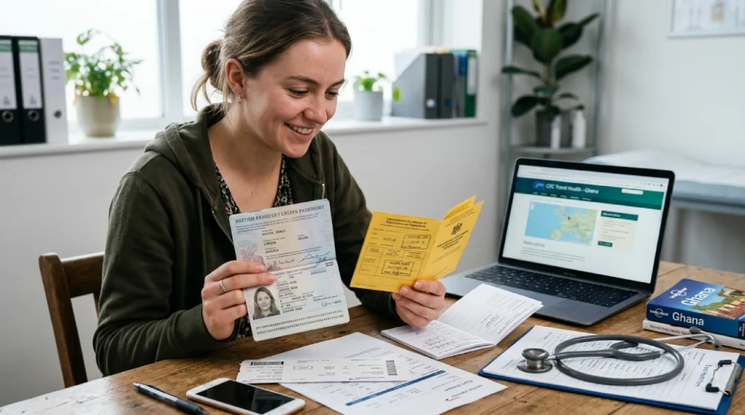 Traveler reviewing passport and yellow fever vaccination certificate while preparing for international travel and required travel vaccines appointment