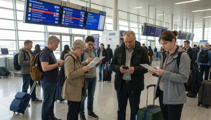 What to Do When Travel Goes Wrong: A Stress-Free Guide Traveler calmly checking phone at airport departure gate with delayed flight shown on information board during travel disruption.