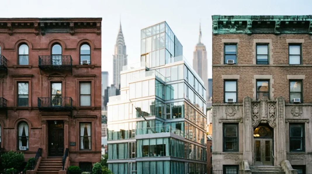 Three distinct NYC property types representing 2026 buying opportunities: red sandstone brownstone typical of Brooklyn neighborhoods like Bushwick and Park Slope, contemporary glass condominium building found in Long Island City and FiDi, and pre-war co-op building characteristic of Manhattan's Upper West Side and Gramercy Park, with Chrysler Building and Empire State Building visible in background