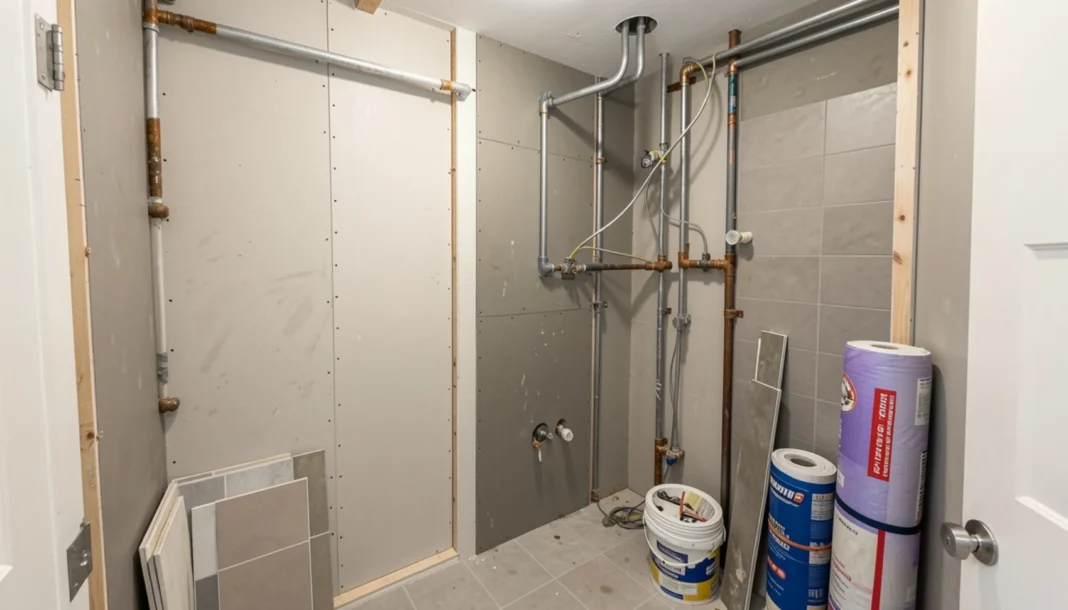 Complete bathroom remodel checklist infographic showing phase-by-phase renovation guide from pre-demo inspection to final walkthrough