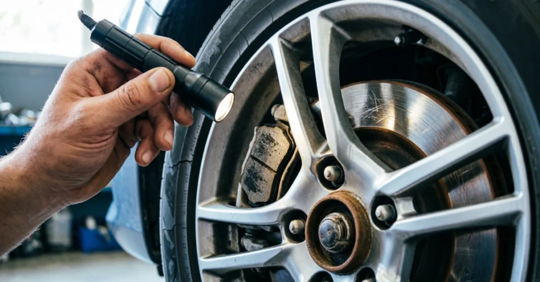 Worn car brake pads and rotor being inspected by a mechanic showing signs of brake wear and damage