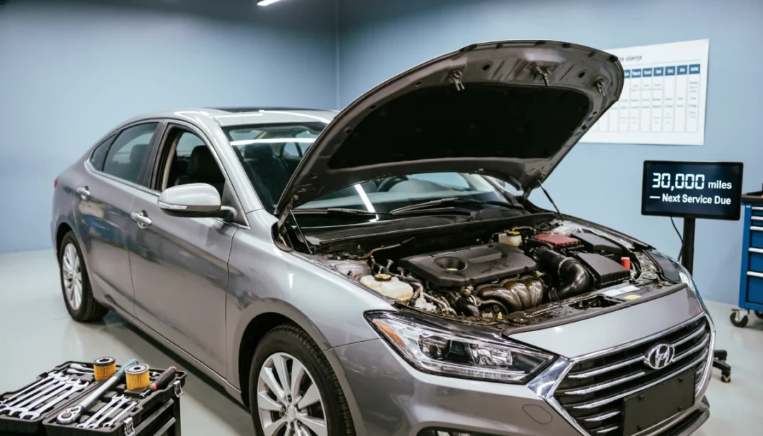 Car maintenance schedule by mileage showing 30k, 60k, and 100k mile service checklist with costs and maintenance tasks