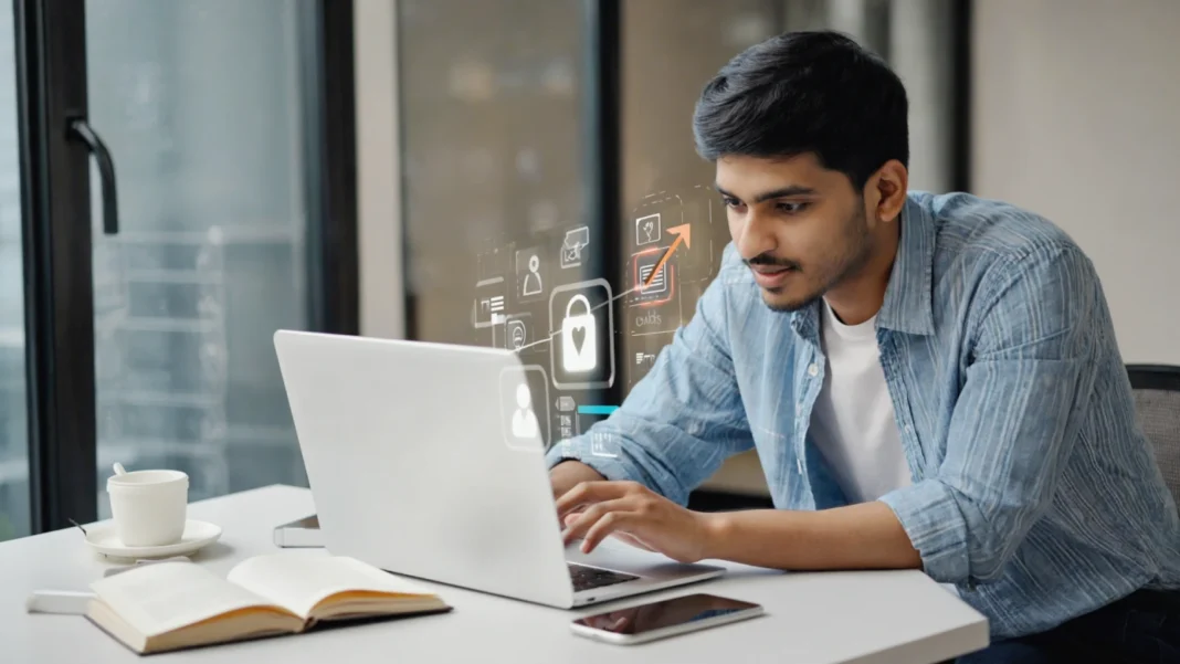 Focused marketer analyzing single-channel marketing strategy on laptop dashboard with lead generation metrics and performance growth in modern workspace