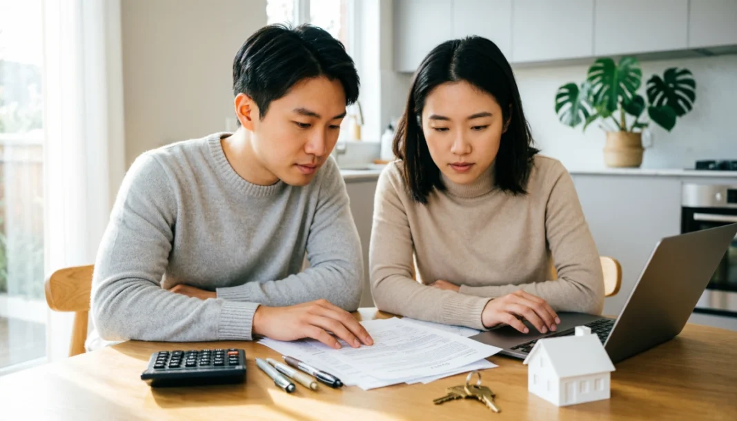 First-time home buyers reviewing mortgage paperwork and budget at home before purchasing a house