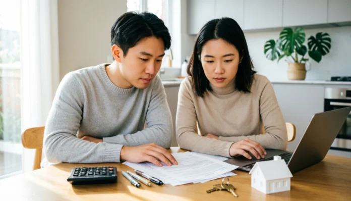 First Time Home Buyer Guide: Step-by-Step Checklist First-time home buyers reviewing mortgage paperwork and budget at home before purchasing a house