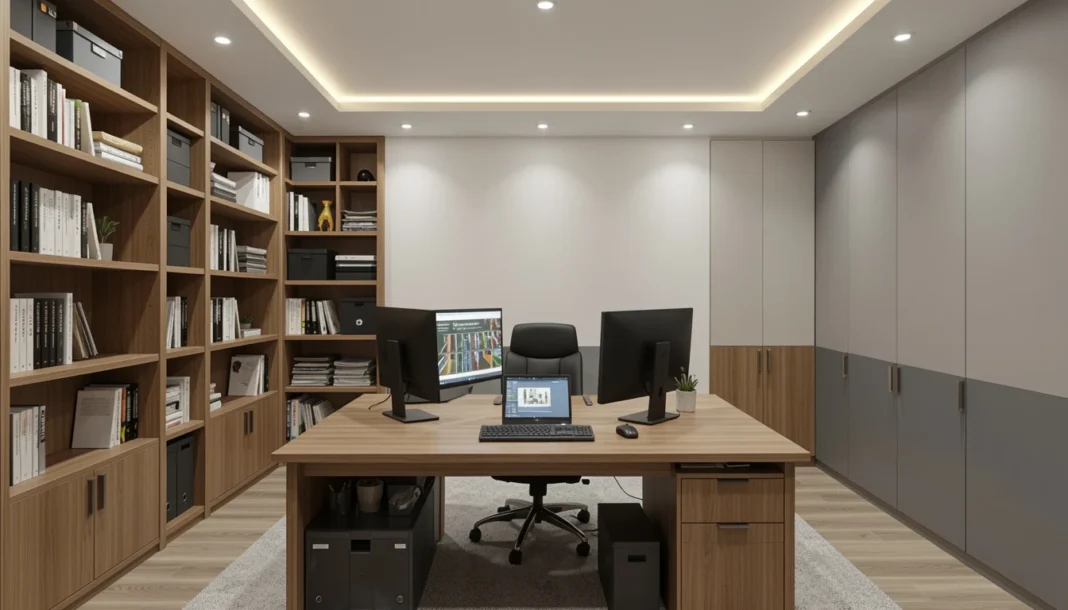 Modern home office conversion in spare room with ergonomic desk setup, proper lighting, and organized workspace