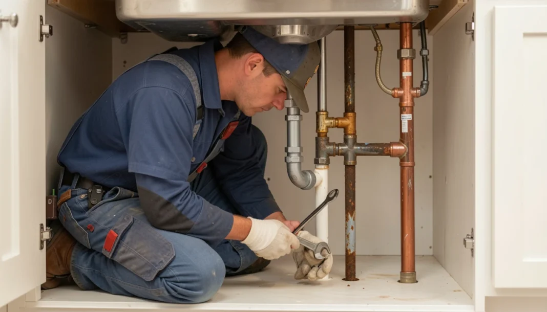 Home plumbing upgrades showing modern pipes, fixtures, and water heater installation for residential bathroom and kitchen renovation