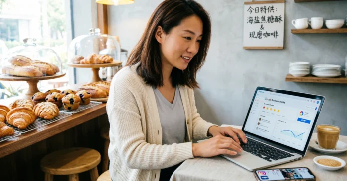 Digital Marketing for Small Business: A Practical Roadmap to Get Your First Customers Online Small bakery owner using laptop for digital marketing and local business growth