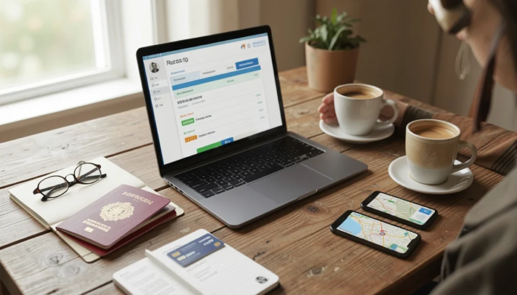 Traveler comparing hotel and Airbnb options on laptop with travel essentials on table while planning accommodation for a trip.