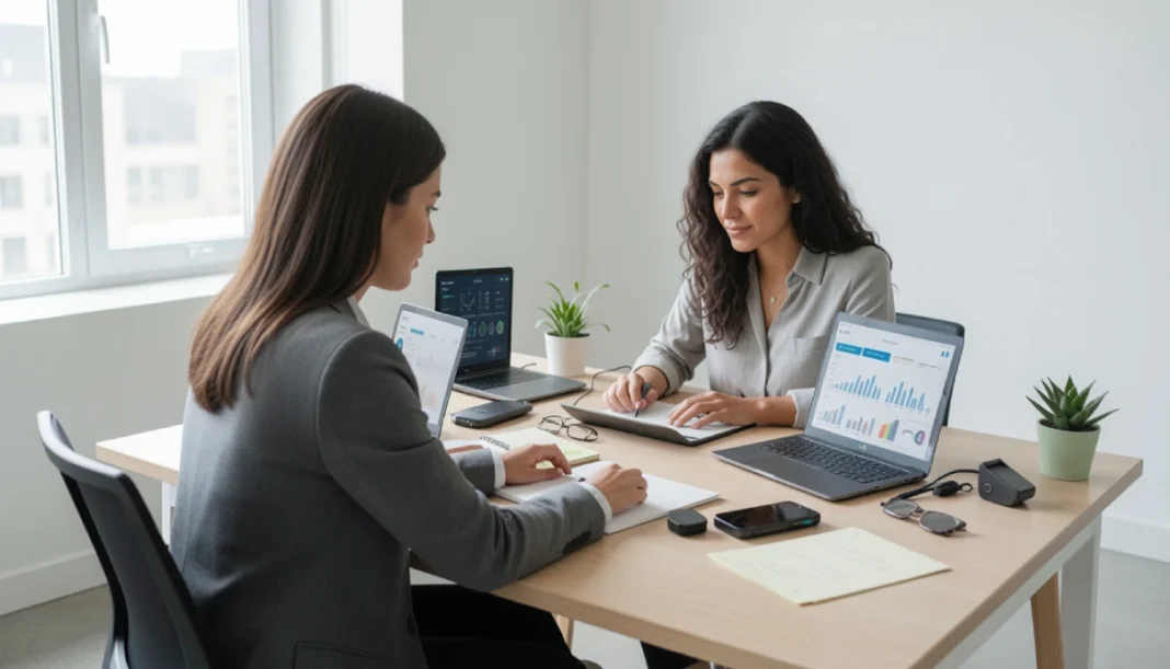 Female founder planning startup funding strategy in 2026 with AI-powered tools, charts, and business analytics in a modern office environment