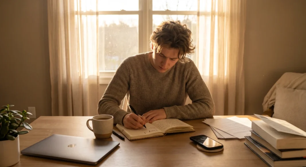 Woman planning 7-day life reset routine with journal, calendar, and goal-setting worksheets on desk