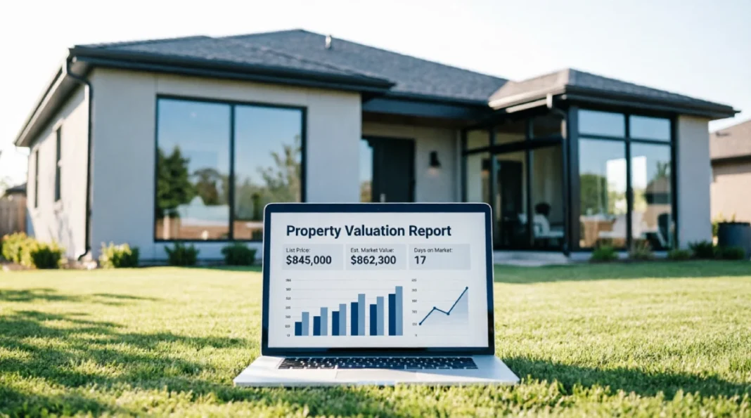Laptop displaying property valuation report with list price and market value data on lawn in front of modern single-family home, illustrating automated home value estimator tools and real estate market analysis