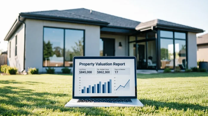 Home Value Estimator: What Actually Impacts Your Price the Most? Laptop displaying property valuation report with list price and market value data on lawn in front of modern single-family home, illustrating automated home value estimator tools and real estate market analysis