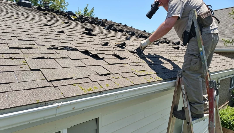 Homeowner inspecting roof for damage with contractor discussing repair or replacement options