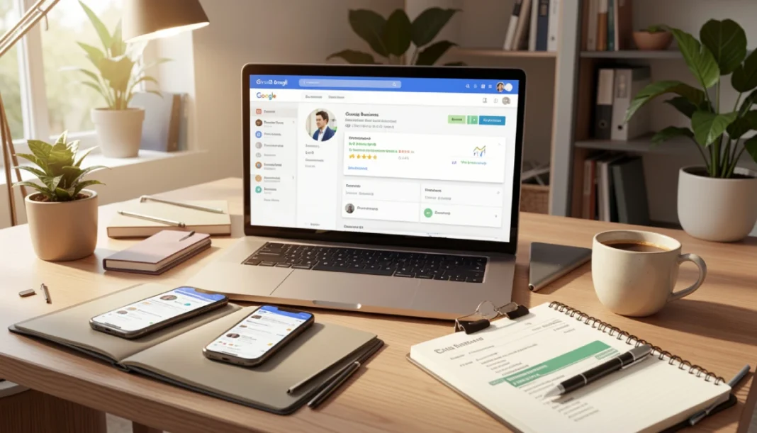 Small business marketing workspace showing Google Business Profile, social media analytics, and email strategy planning in a modern office setting for 2026 marketing guide.
