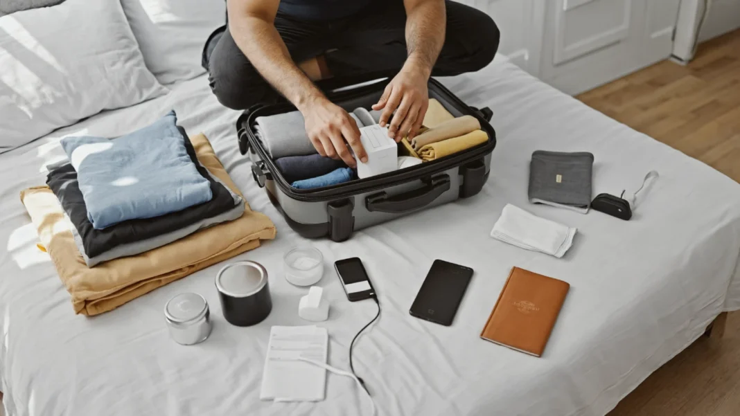Travel packing list essentials organized by trip type showing carry-on luggage, travel documents, toiletries, and clothing for weekend and international trips